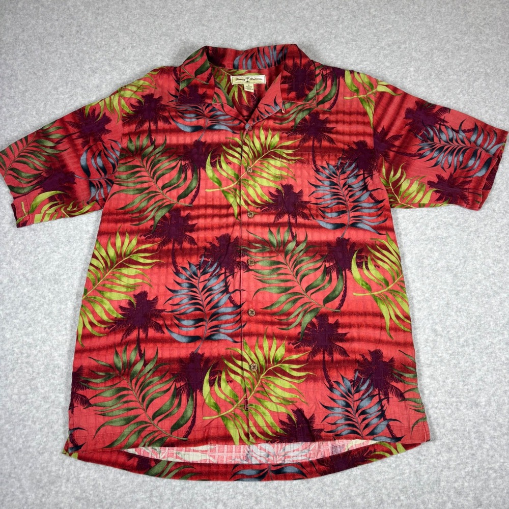 Tommy Bahama Button Up Shirt Mens Medium Red Silk Tropical Palm Leaf Aloha